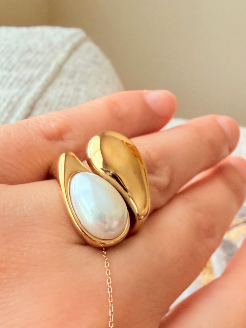 Gold Pearl Teardrop Statement Ring Stainless Steel Waterproof - Picture 4 of 6